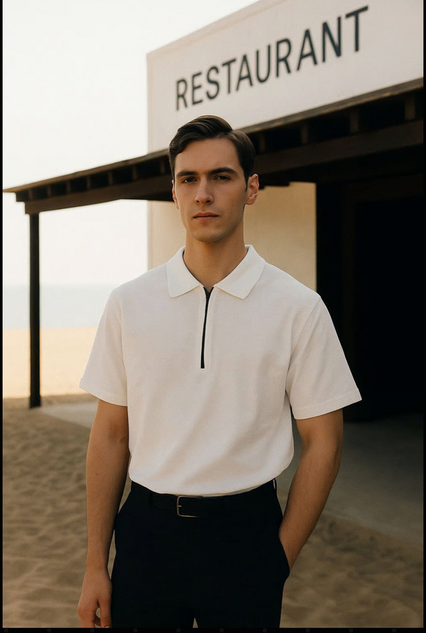 Men's White Zip Polo Shirt